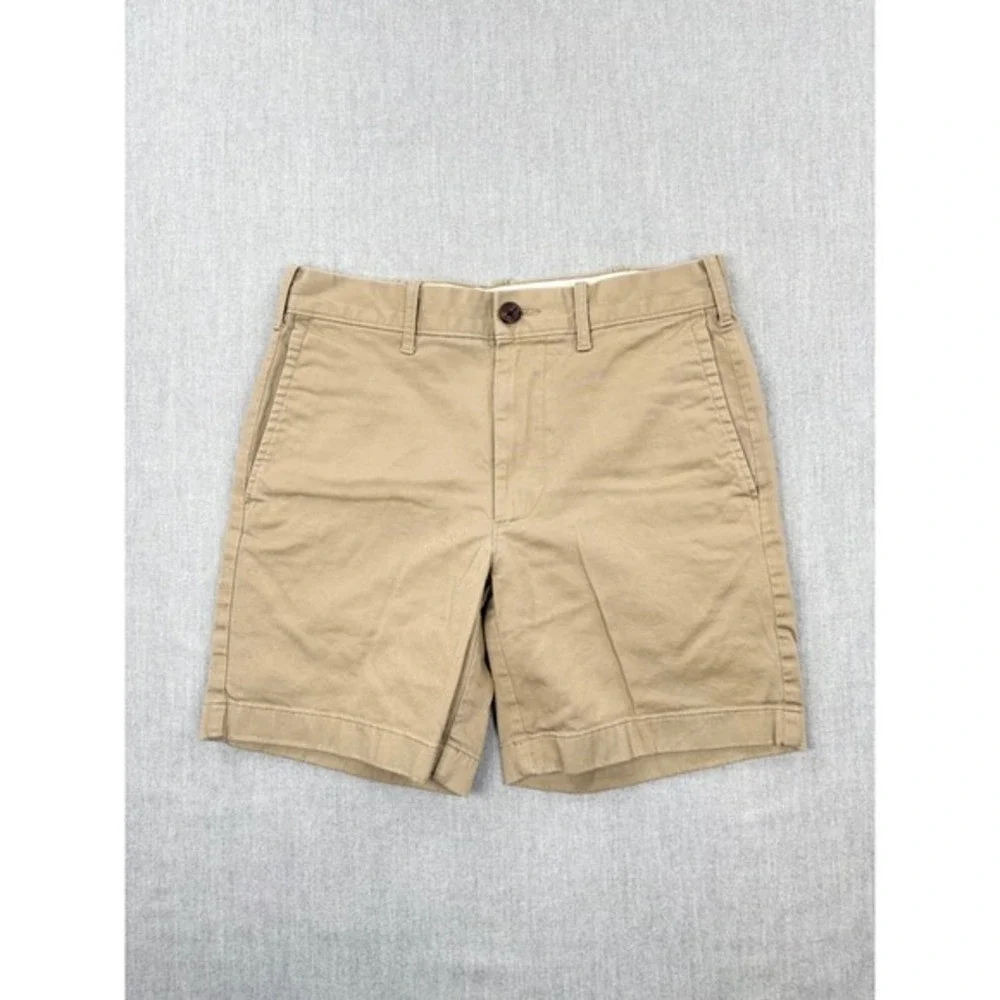J.Crew Mens 7 Inch Inseam Chino Shorts Tan Khaki Size 28 Flat Front Cotton Twill